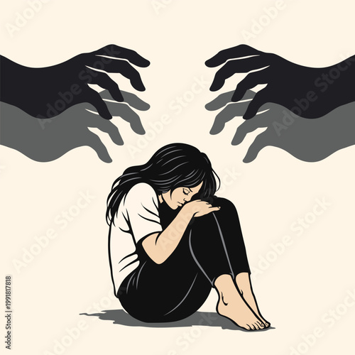Violence concept illustration, frightened woman surrounded by threatening hands, abuse awareness vector