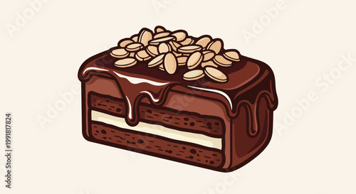 A rich chocolate cake slice with creamy filling and a crunchy nut topping