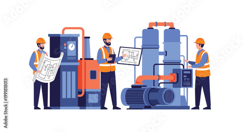 Three professional industrial workers wearing orange safety vests and hard hats collaborate while inspecting complex blue machinery and reviewing blueprints.