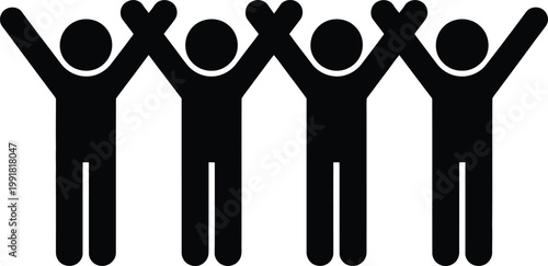 Four stylized figures raising their arms with interconnected x shapes between them