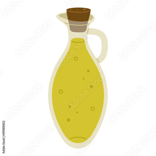 Glass olive oil cruet. Elegant container for serving and storing oil, Mediterranean cuisine. Natural organic product, healthy cooking ingredient. Vector illustration isolated on white background.