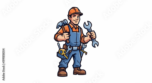 A smiling cartoon man in blue overalls and an orange shirt, wearing a hard hat, holds a hammer and a wrench. His tool belt holds a tape measure and other tools