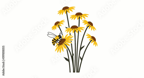 A stylized illustration of a bee collecting nectar from yellow flowers against a white background