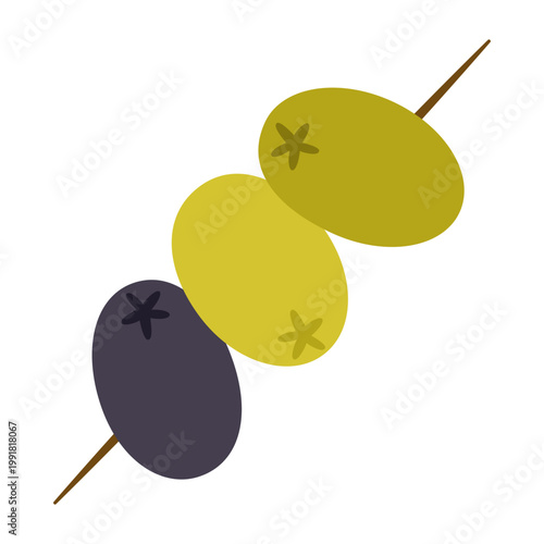 Olives on skewer, green and black. Tasty appetizer or snack concept, Mediterranean cuisine, natural organic element for design. Vector illustration isolated on white background.