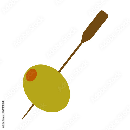 Green olive on skewer. Tasty appetizer or snack concept, Mediterranean cuisine, natural organic element for design. Vector illustration isolated on white background.