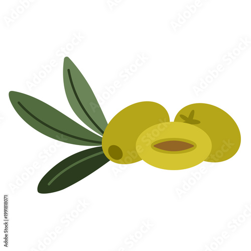 Green olives with olive leaves. Tasty appetizer, Mediterranean snack concept. Natural organic product, healthy cooking ingredient. Vector illustration isolated on white background.