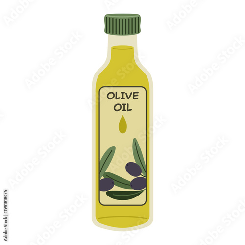 Olive oil bottle. Natural organic product, healthy cooking ingredient. Vector illustration isolated on white background.