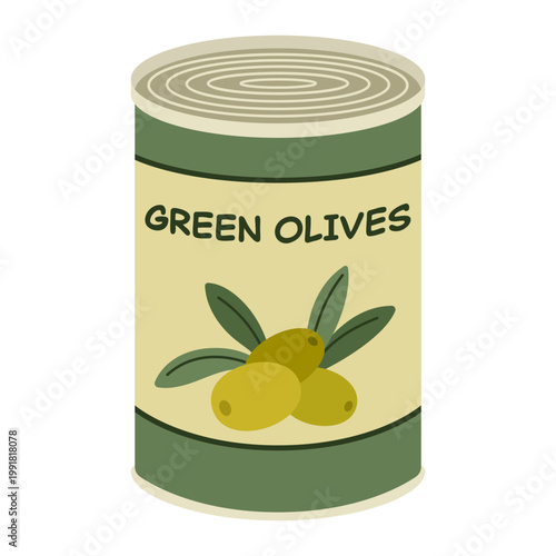 Jar of green olives in brine. Preserved food concept, Mediterranean cuisine ingredient. Vector illustration isolated on white background.