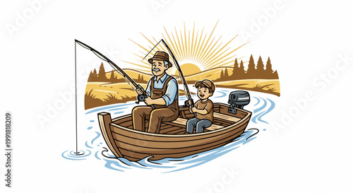 A smiling grandfather and grandson enjoy a sunny day fishing from a boat