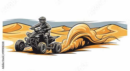 A rider on a quad bike kicks up a sandstorm while racing across desert dunes under a grey sky