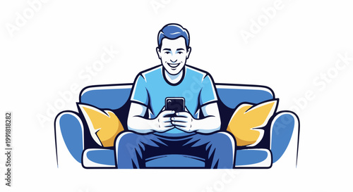 A smiling man sits on a blue sofa with yellow pillows, engrossed in his phone
