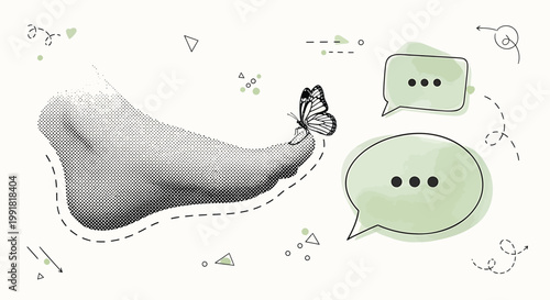 Foot with butterfly, speech bubbles, and doodles, vector illustration