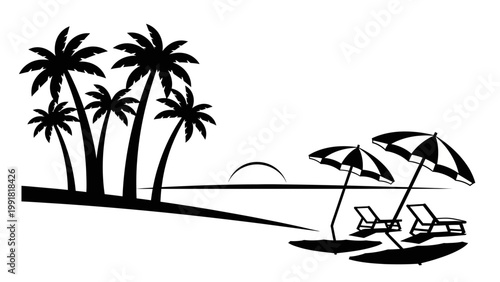 Tropical Beach Paradise: Palm Trees, Umbrellas, Chairs, Sunset, Ocean View