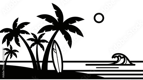 Tropical Beach Silhouette: Palm Trees, Surfboard, Ocean Wave, and Sun