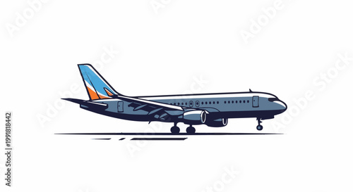 A stylized illustration of a commercial airplane in flight, viewed from the side, with blue, orange, and white colors