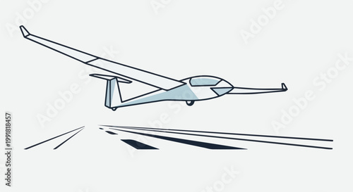 A simple line drawing of a white and light blue glider soaring above a runway
