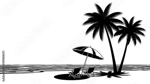 Tropical Beach Paradise: Palm Trees, Lounge Chairs, and Umbrella Silhouette