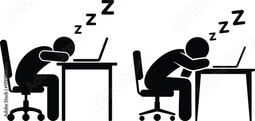 Two people sleeping at their desks while using laptops