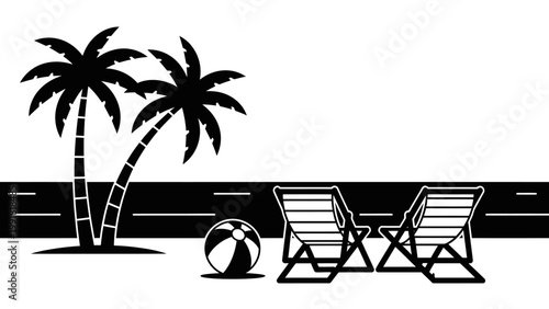 Tropical Beach Scene with Palm Trees, Beach Chairs, and Ball