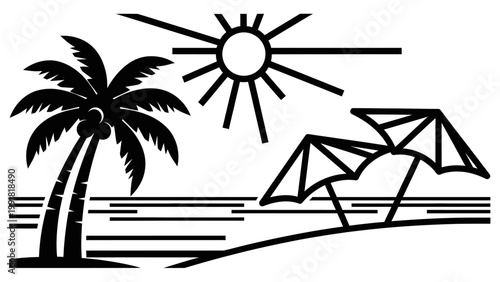 Tropical Beach Scene with Palm Tree, Sun, and Umbrellas - Black and White Line Art
