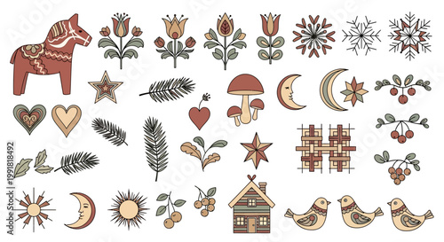 Collection of whimsical Nordic inspired icons and symbols.