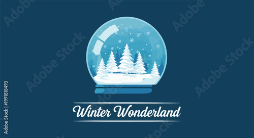 A snow globe contains a winter scene with snow-covered trees and falling snowflakes