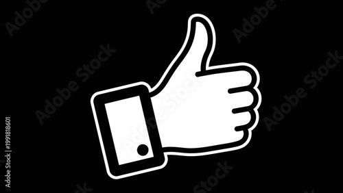 Thumbs Up Icon, White Hand Gesture of Approval on Black Background