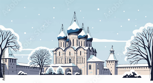 A snow-covered cathedral complex with onion domes and surrounding walls under a snowy sky