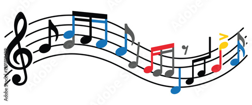 Music notes and treble clef floating on a curved staff.