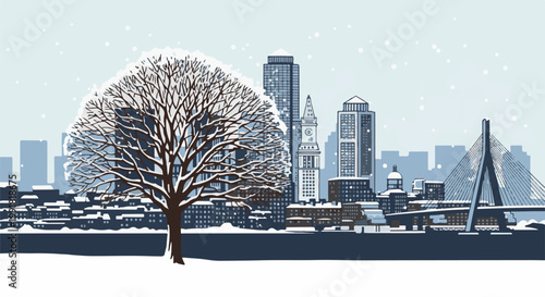 A snow-covered tree stands in front of a city skyline during winter, with falling snow