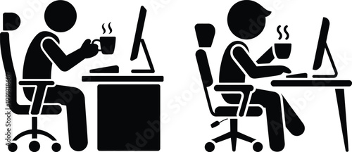 Two professionals working at their desks with coffee cups during a workday