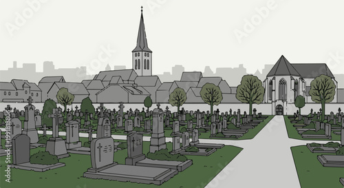 A solemn cemetery scene unfolds with rows of gravestones, a church spire, and buildings in the distance