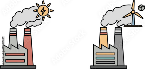 Factory pollution vs renewable energy sources with wind turbine solar panel power generation