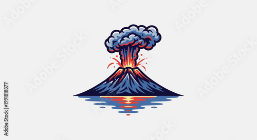 A stylized volcano erupts with a plume of smoke and molten rock into the sky, reflected in water below