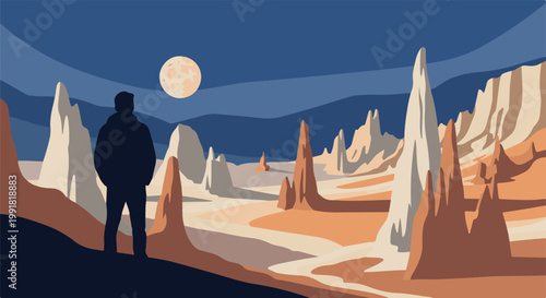 A solitary figure gazes at a surreal, moonlit desert landscape with tall rock formations