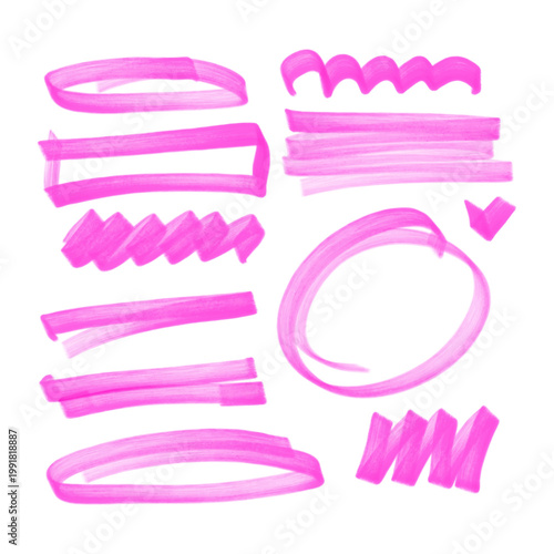 Bright pink marker doodles set. Hand drawn highlighter lines, circles and scribbles on transparent background. Messy retro sketch shapes for notes, planner and social media. Isolated vector elements