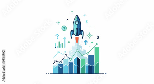 A rocket blasts off, surrounded by upward trending bar charts and line graphs