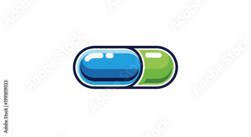 A simple, modern graphic of a blue and green capsule on a white background