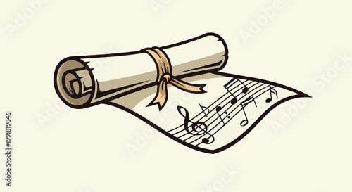 A rolled parchment tied with a ribbon, unfurling to reveal musical notes