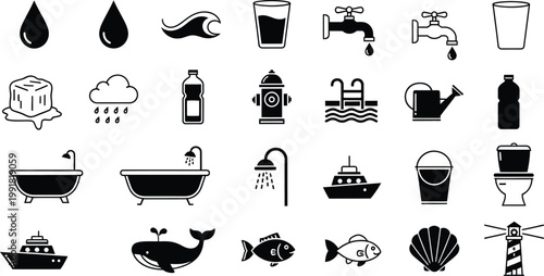 Collection of water related icons with fire hydrant swimming pool watering can water supply