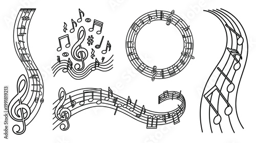 Collection of black and white musical staff compositions.