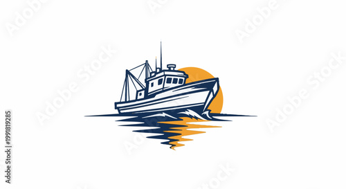 A stylized illustration of a fishing vessel at sea, with a prominent sun setting behind it