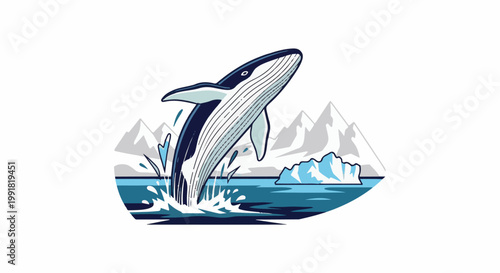 A stylized whale breaches in icy waters with snow-capped mountains behind