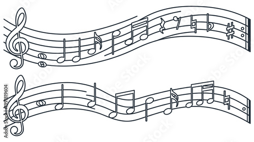 Two elegant black and white musical staves with notes.