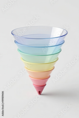 Clean red, blue, and green plastic bowls and containers are isolated on a white background with a kitchen utensil and funnel as an empty colorful object