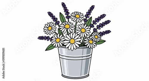 A rustic metal bucket overflows with a charming bouquet of daisies and lavender sprigs