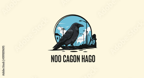A stylized crow stands on a road, framed by a circular city skyline
