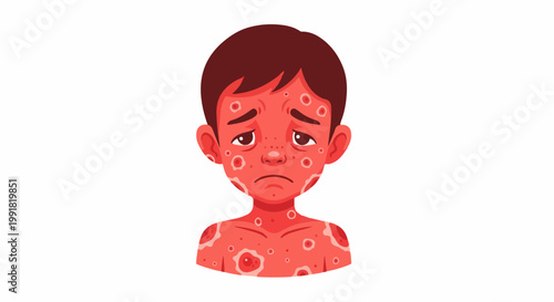 A sad child with a red, rash-covered face and body