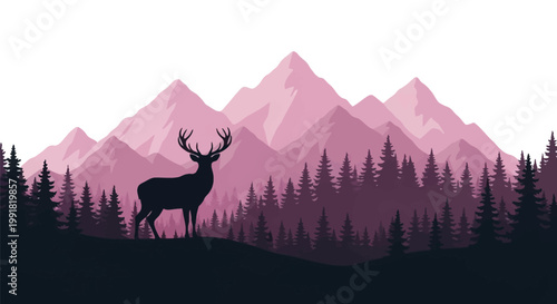 Deer standing in front of mountains and trees.