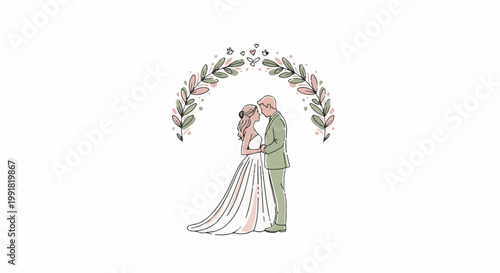 A simple sketch shows a bride and groom standing close under a floral arch